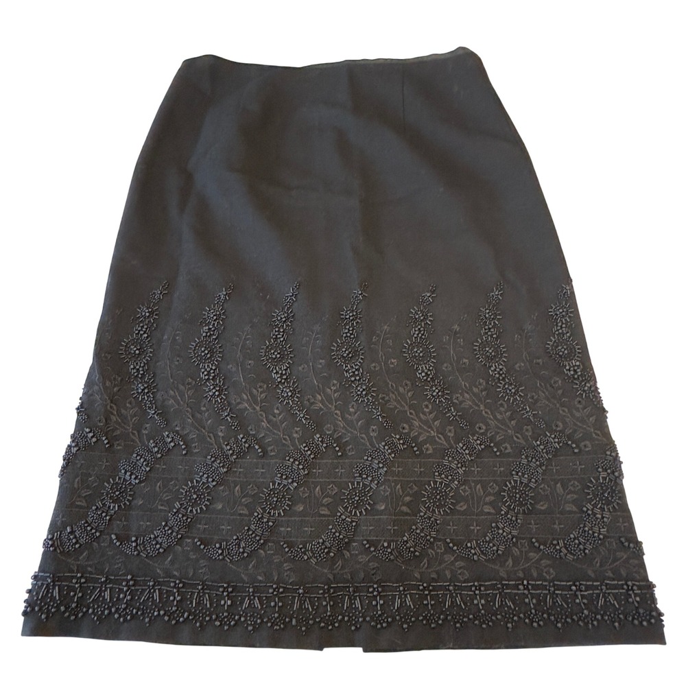 Isda & Co Black Wool Blend Beaded Floral Embroidered Midi Skirt Size 8‎ NWT